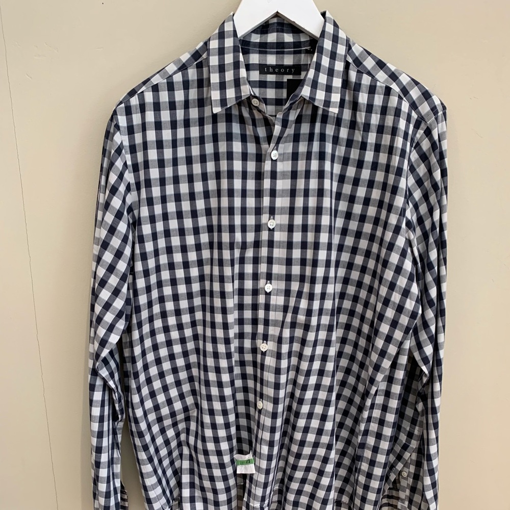 Theory Navy and White Gingham Shirt